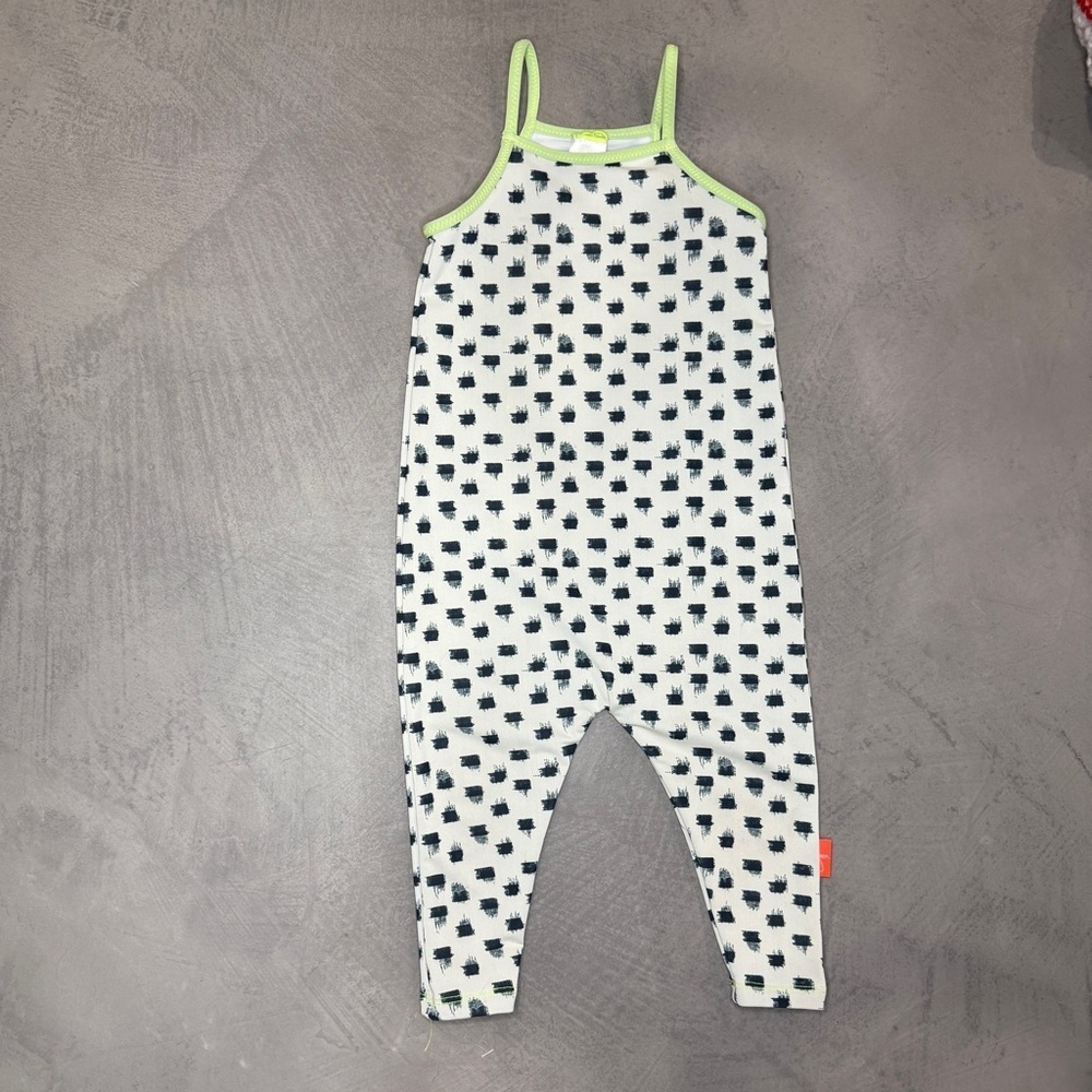 Seea White and Black Patterned Jumpsuit with Neon Green Trim 6-18 months